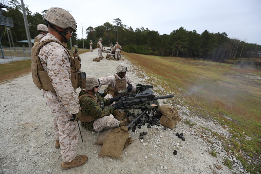 Marines fire rounds down range during a grenade and MK19 Grenade Launcher range at Marine Corps Base Camp Lejeune, N.C., Oct. 28, 2015. More than 70 Marines with 2nd Low Altitude Air Defense Battalion took turns handling the MK19 and handheld grenades during the familiarization range. The range offered Marines the opportunity to build confidence and proficiency skills on some of the crew-served weapons they operate while providing security in a deployed environment. (U.S. Marine Corps photo by Cpl. N.W. Huertas/Released)