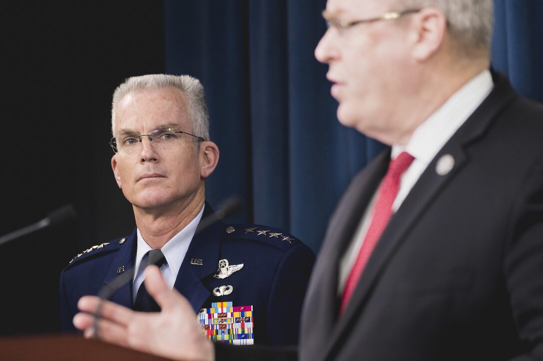 Air Force Gen. Paul J. Selva, vice chairman of the Joint Chiefs of Staff, joins Deputy Defense Secretary Bob Work for a Pentagon news conference on the president's fiscal year 2017 defense budget request, Feb. 9, 2016. DoD photo by Army Staff Sgt. Sean K. Harp