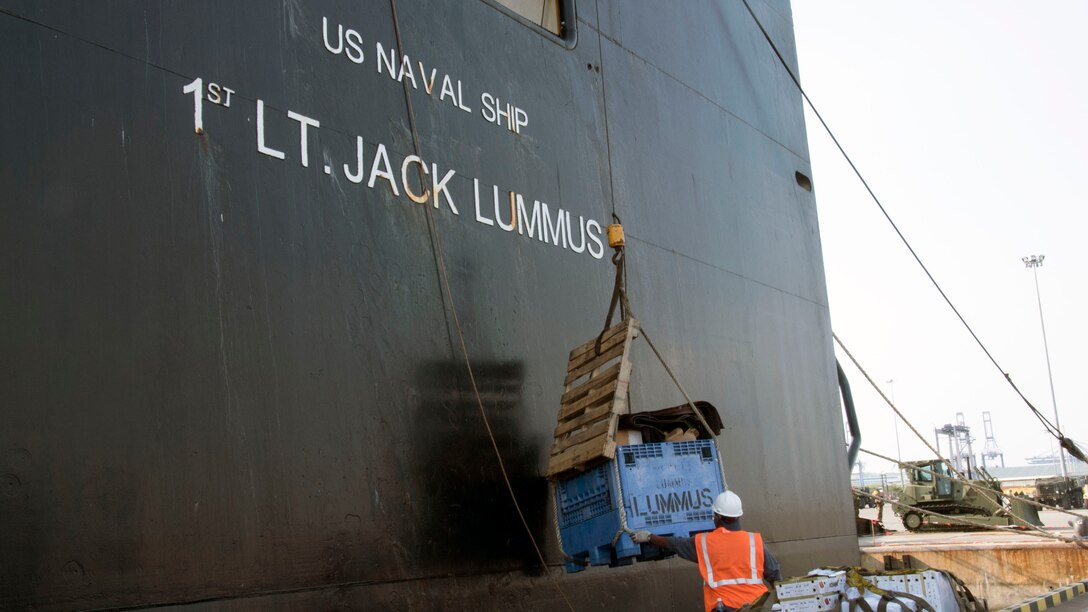 Civilian mariners unload Military Sealift Command's Marine Prepositioning Force ship USNS 1st LT Jack Lummus (T-AK 3011) at the port of Laem Chabang, Thailand, Feb. 2, in support of exercise Cobra Gold 2016. Exercise Cobra Gold 2016 is one of the largest multinational exercises in the Asia-Pacific region.