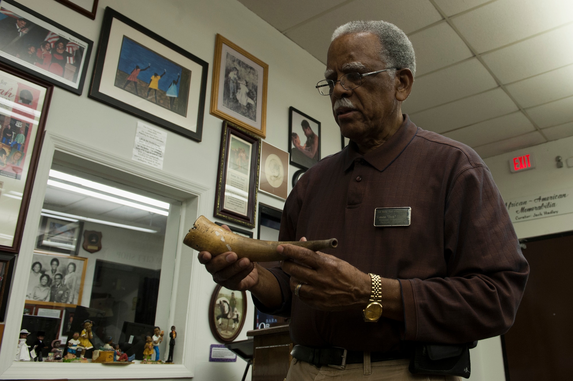 Retired U.S. Air Force Chief Master Sgt. James “Jack” Hadley, Black History Museum curator, holds a signal horn, Feb. 8, 2016, at the Jack Hadley Black History Museum in Thomasville, Ga. The horn is a Hadley family heirloom which has been passed down since approximately 1850. (U.S. Air Force photo by Airman 1st Class Kathleen D. Bryant/Released)
