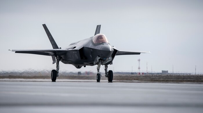 A U.S. Air Force F-35A Lightning II, also known as Joint Strike Fighter, taxis after landing at Mountain Home Air Force Base, Idaho, Feb. 8, 2016. The F-35, visiting from Edwards Air Force Base, California, will be part of an initial operating capability test at the nearby range complex. (U.S. Air Force photo by Senior Airman Jeremy L. Mosier/Released)