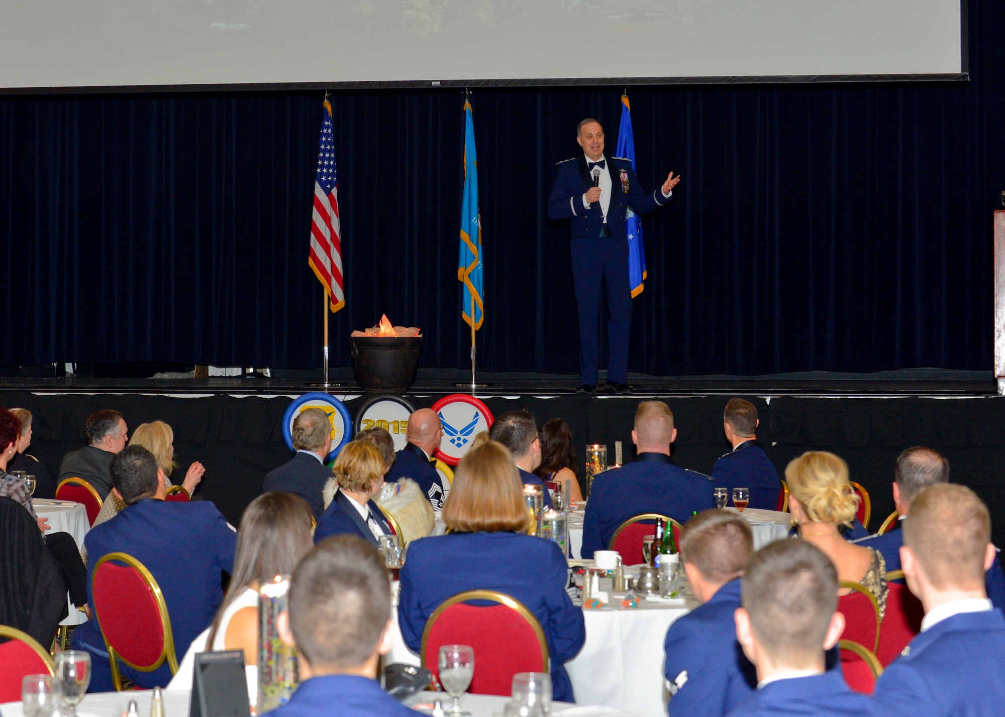 Maj. Gen. Jerry Martinez, Air Mobility Command director of operations, speaks at the 2015 436th Airlift Wing Annual Awards Ceremony Jan. 5, 2016, at the Rollins Center in Dover, Del. Martinez spoke about his trip to Dover Air Force Base, Del., and his interactions with Team Dover Airmen. (U.S. Air Force photo/Senior Airman William Johnson)