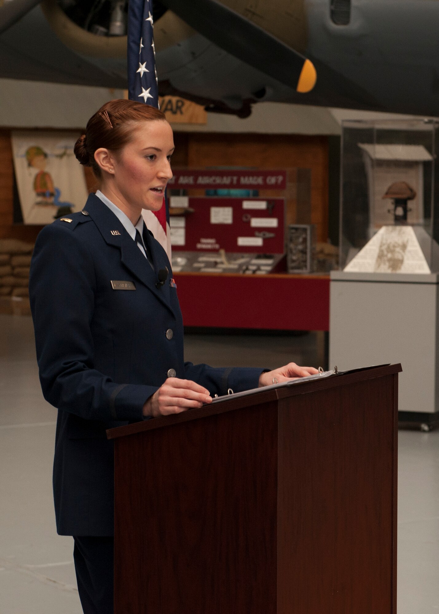 Second Lt. Alannah Staver, 436th Airlift Wing Public Affairs media operations section chief, emcees the 2016 Team Dover Honorary Commanders induction ceremony Feb. 6, 2016, at the Air Mobility Command Museum on Dover Air Force Base, Del. This Air Force program was initiated to help members of the community understand the importance of Dover AFB’s missions. It also allows military commanders and their Airmen to learn more about the community in which they live. (U.S. Air Force photo/Senior Airman Zachary Cacicia)  