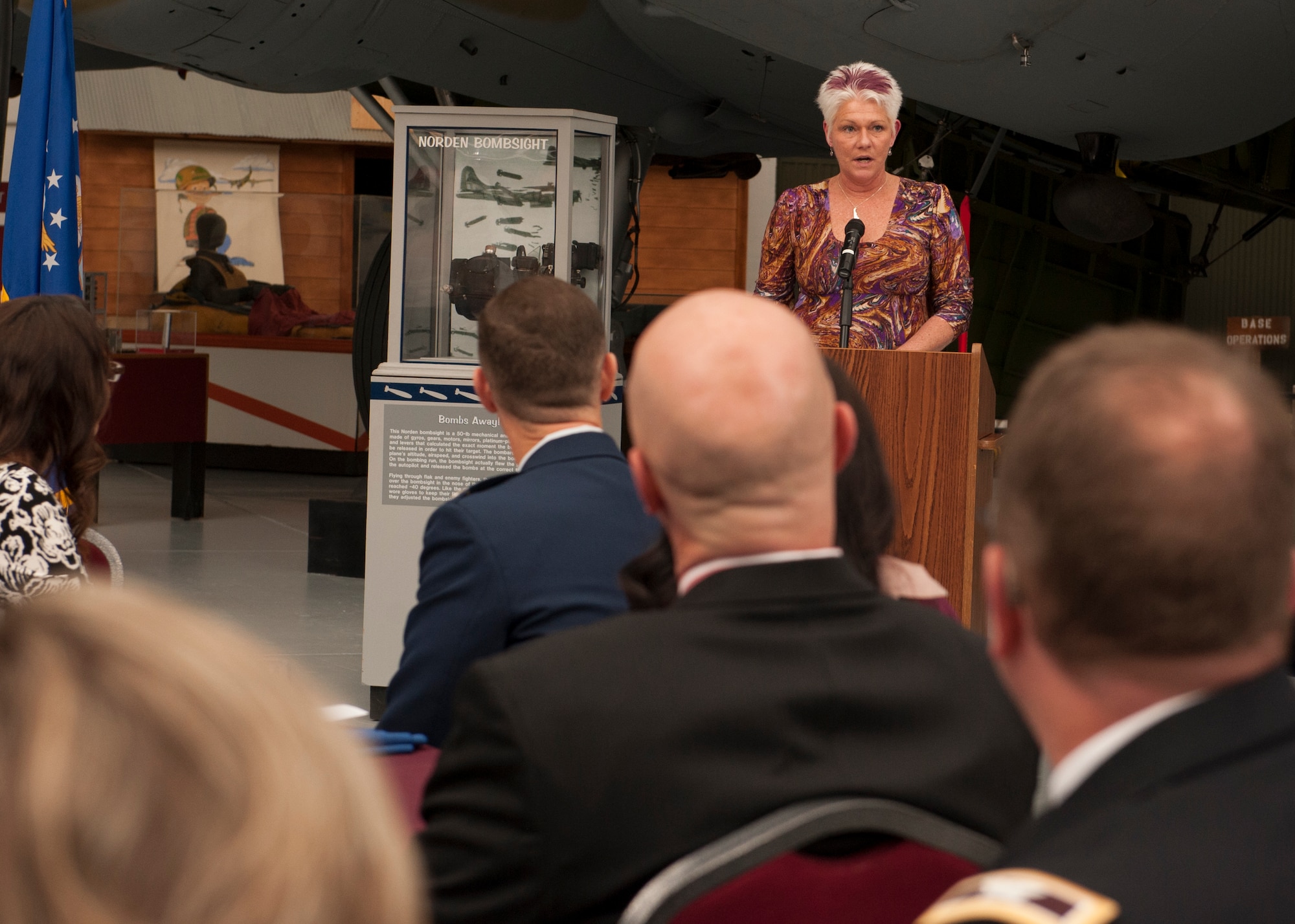 Dawne Nickerson-Banez, Frankfurt Bakery and Deli owner, addresses the new Team Dover Honorary Commanders, at the 2016 Team Dover Honorary Commanders induction ceremony Feb. 6, 2016, at the Air Mobility Command Museum on Dover Air Force Base, Del. Nickerson-Banez has served as a Team Dover honorary commander three times and now serves as an AMC civic leader. (U.S. Air Force photo/Senior Airman Zachary Cacicia)