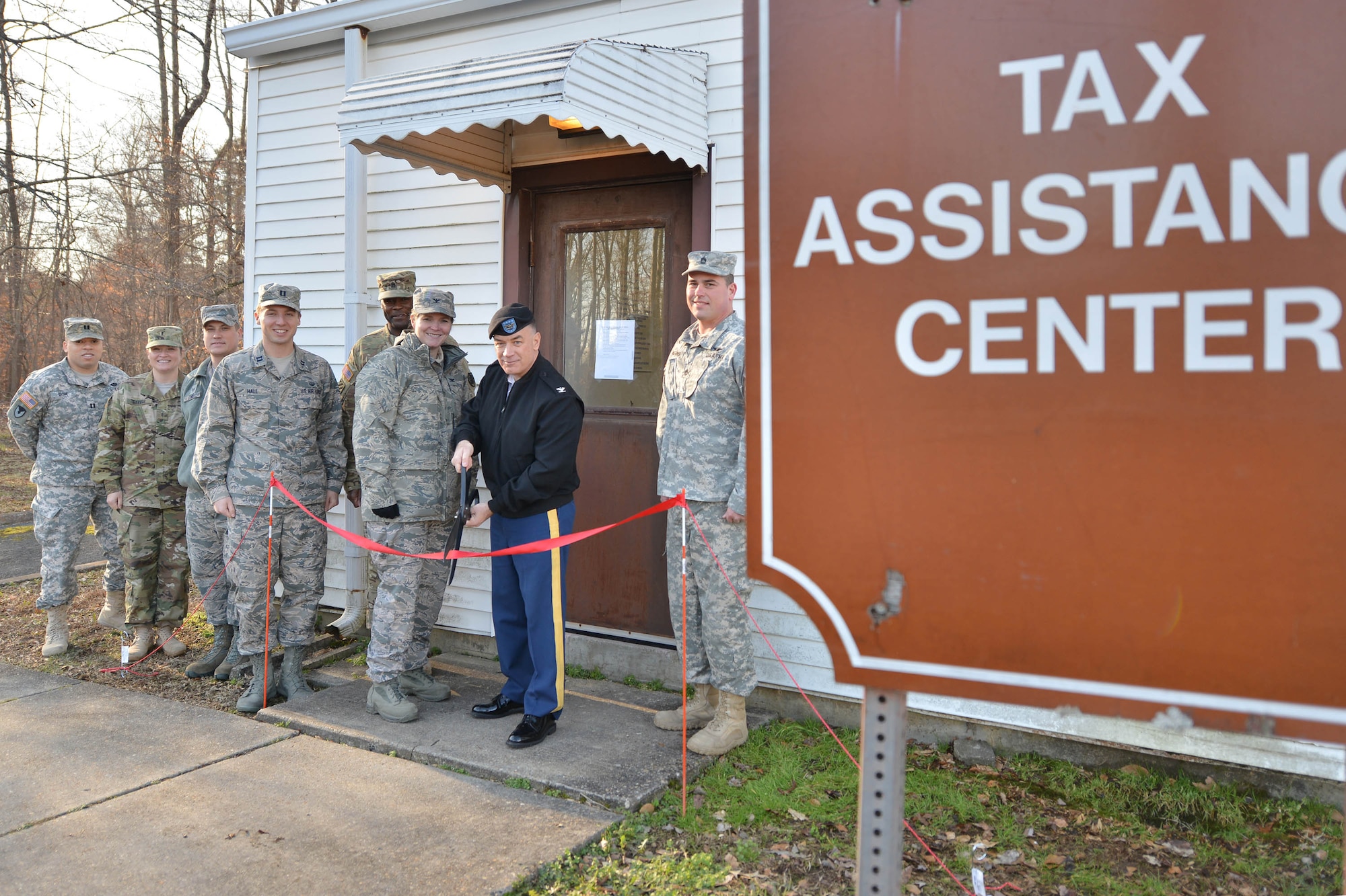 U.S. Army Col. William Galbraith, commander of the 733rd Mission Support Group, cuts the ceremonial ribbon for this year’s grand opening of the Fort Eustis Tax Assistance Center at Fort Eustis, Va., Feb. 8, 2016. The center offers intermediate tax assistance for active duty Service members, their families and retirees. (U.S. Air Force photo by Staff Sgt. Natasha Stannard)