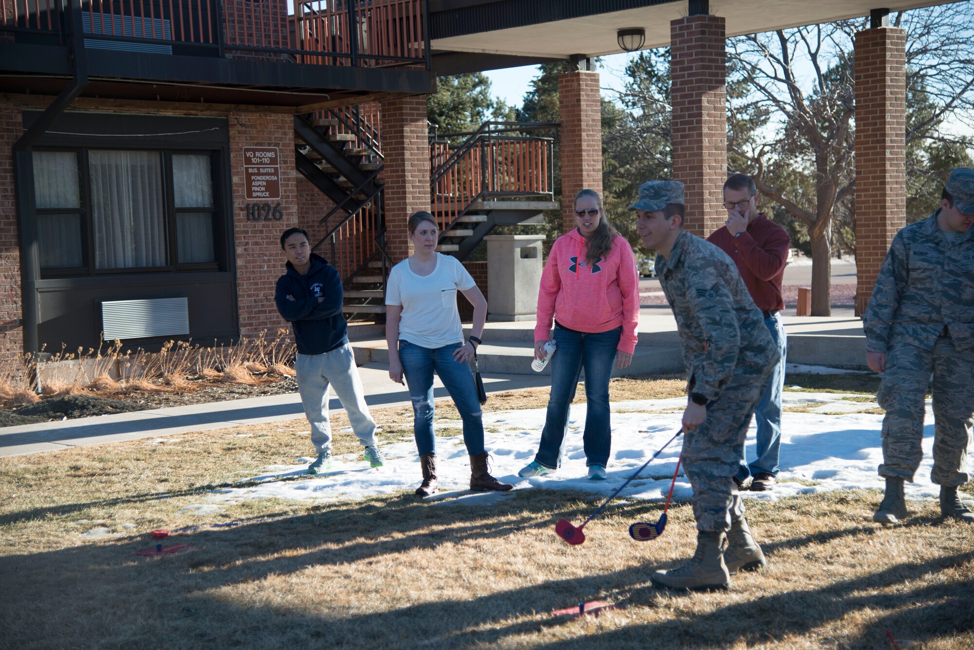 PETERSON AIR FORCE BASE, Colo. – Airmen also got the chance to chip for free golf during January’s Final Friday at the Peterson Club on Jan. 29, 2016. The participant with the highest score received a free golf pass for four people to the Silver Spruce Golf Course. (U.S. Air Force photo by Tech. Sgt. Jared Marquis)