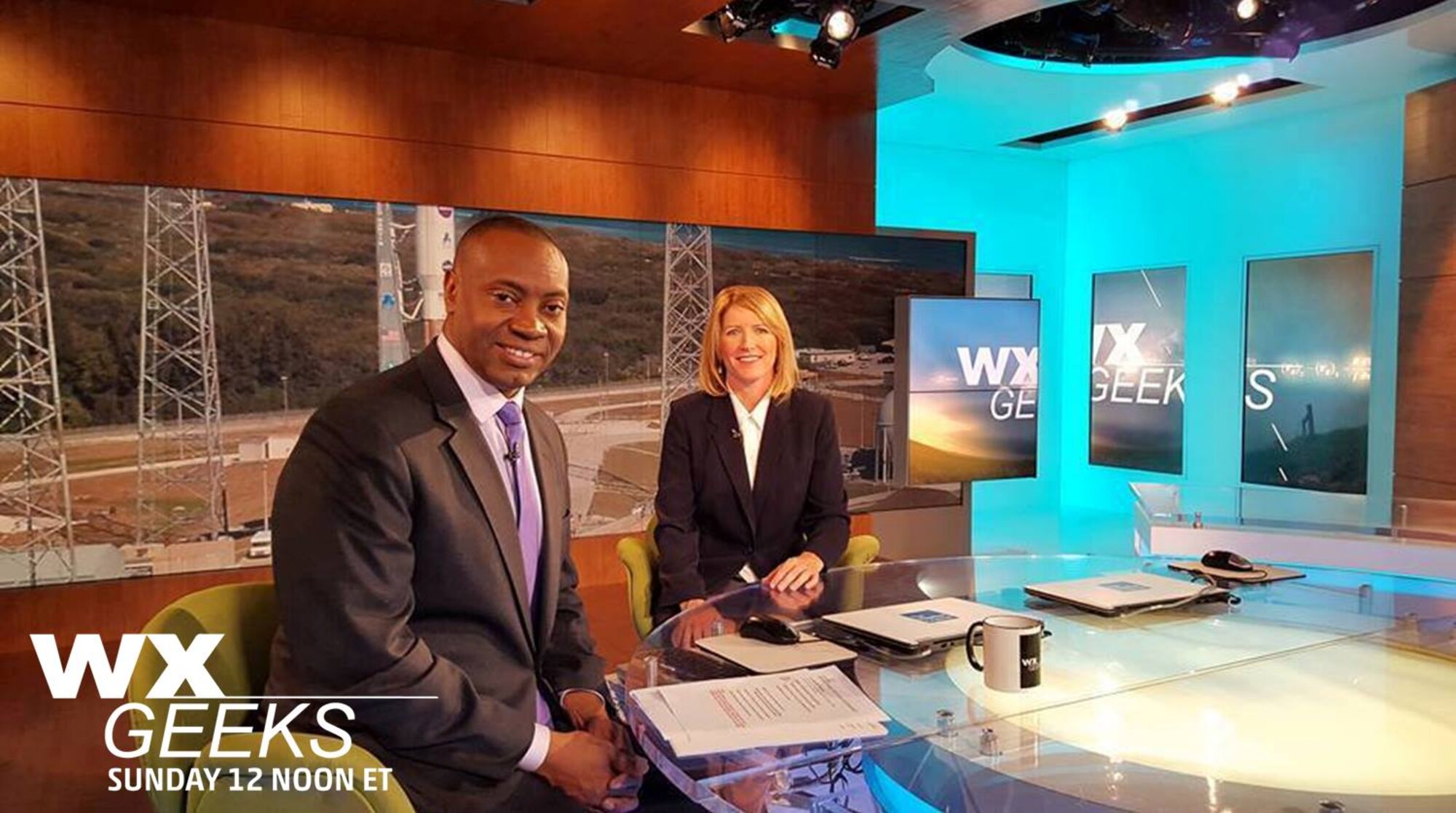 Dr. Marshall Shepherd, a meteorologist for The Weather Channel, and Kathy Winters, a launch weather officer with the 45th Weather Squadron, discusses the unique ways their professional expertise is applied to the mission of the 45th Space Wing Dec. 17, 2015. The dialogue was filmed at the channel's studio in Atlanta, Ga., for a production that aired Jan. 10. The show also featured photos Winter’s co-worker, Tech. Sgt. Matthew Mong, who was named as the show’s “Geek of the Week.” Videos of launches their team works behind the scenes to support from Cape Canaveral Air Force Station, Fla. were aired throughout the script. (Courtesy photo)