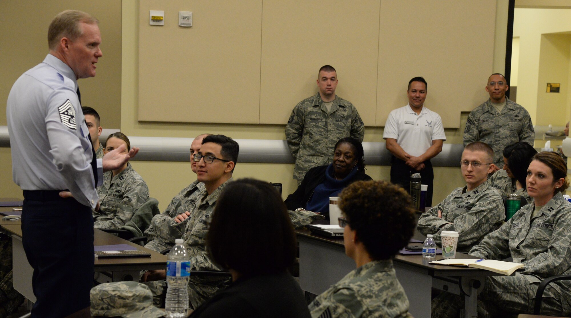 Chief Master Sergeant of the Air Force James Cody speaks to Airmen attending the Air Force District of Washington's sixth annual Capital Airmen Development Seminar on Joint Base Andrews, Md., Feb. 9, 2016. This four-day conference is designed to enhance the development of future Air Force leaders. (U.S. Air Force Photo/1st Lt. Esther Willett)
