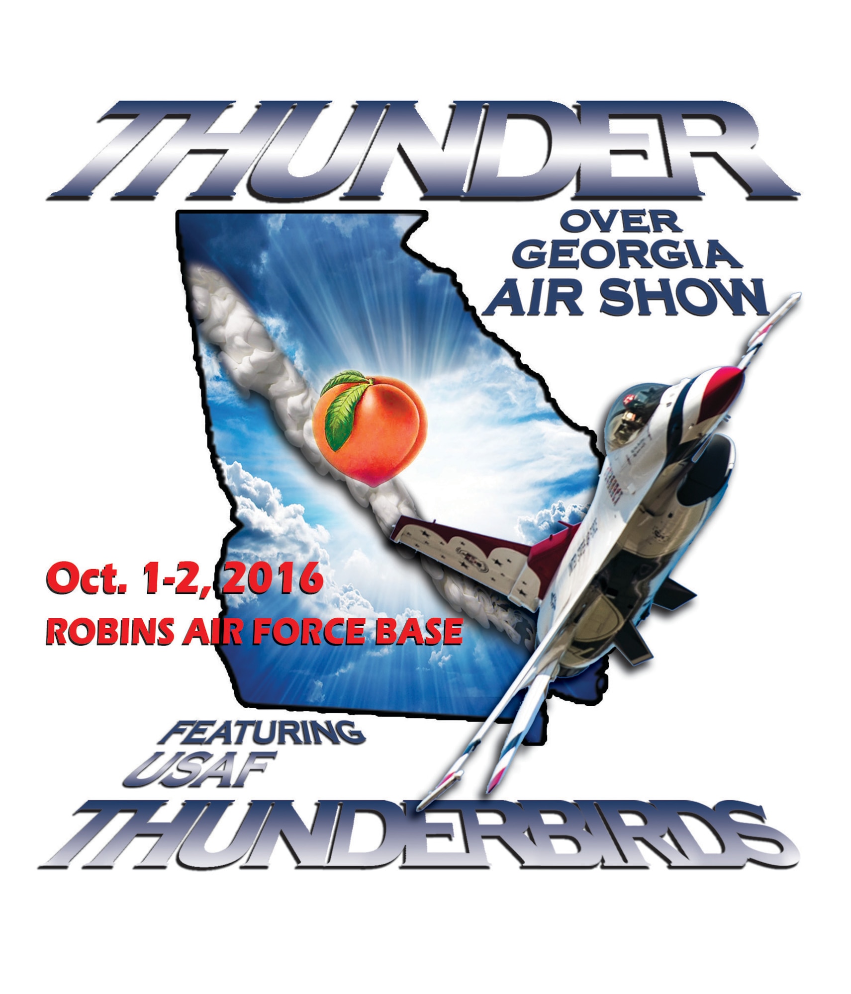 Base officials have unveiled the theme and logo for Robins' 2016 air show. The theme is Thunder over Georgia, which gives a tip of the hat to both the U.S. Air Force Thunderbirds, who will headline the event, and the state. The two-day show is expected to draw spectators from across the southeast, but particularly from across Georgia. (U.S. Air Force graphic by Tommie Horton)
