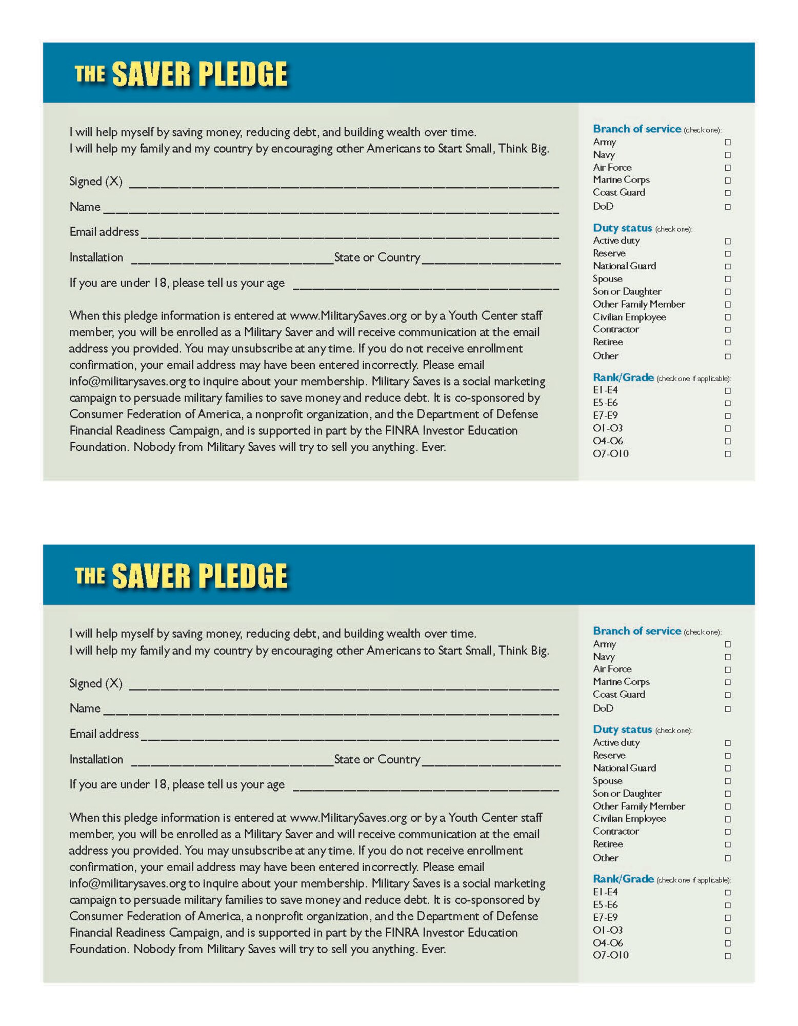 Saver Pledge cards, used as encouragement to enforce personal financial responsibility, will be available at the Airman & Family Readiness Center during Military Saves Week, Feb. 22-27. They can also be completed at http://www.miltarysaves.org.  (courtesy graphic)