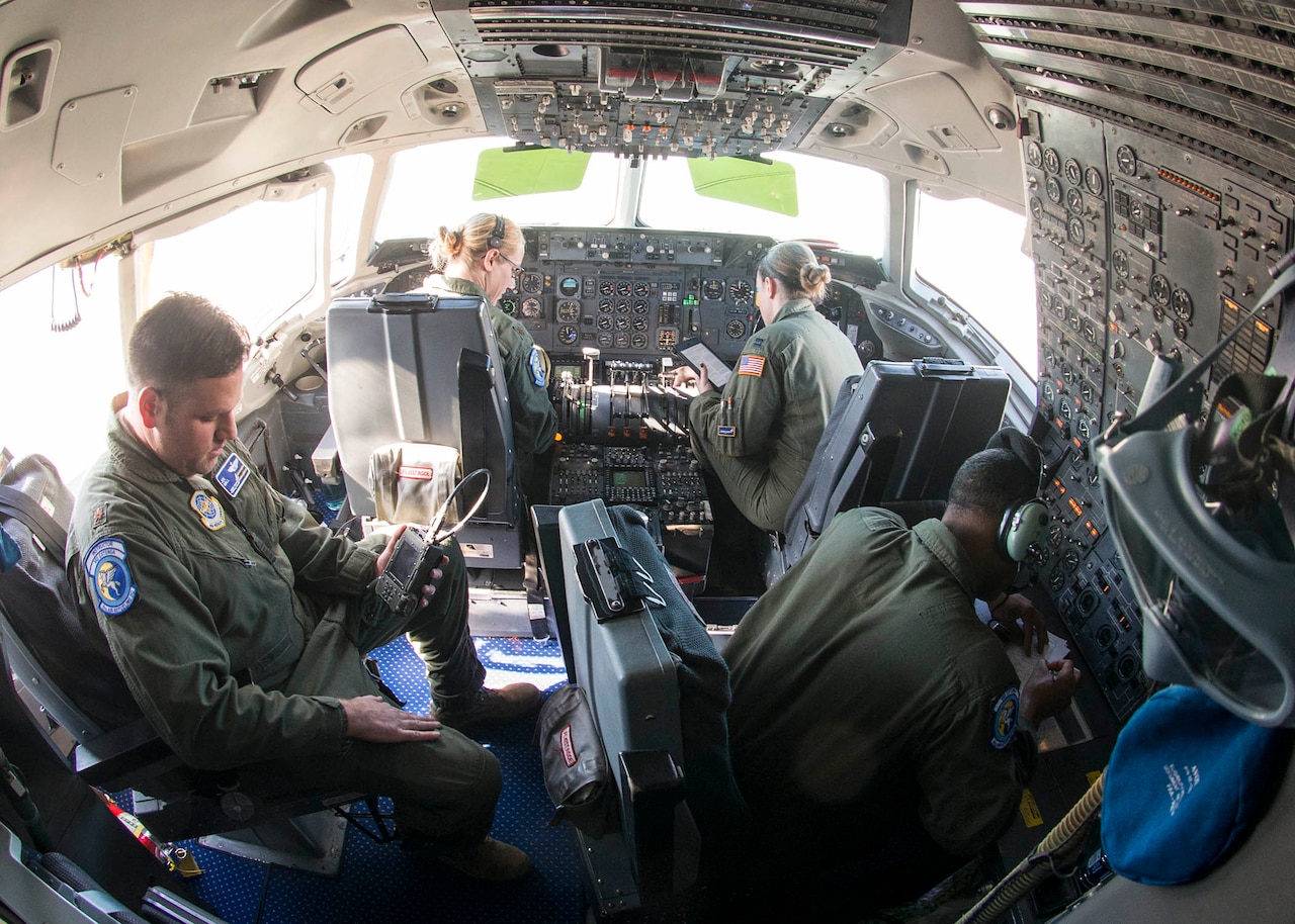 Airmen from the 6th Air Refueling Squadron at Travis Air Force Base, California, fly a KC-10 Extender mission Feb. 7, 2016 to support aerial refuel operations for fighter aircraft conducting patrols of the airspace surrounding Super Bowl 50 in Santa Clara, California. The refueling operation was part of a NORAD mission in conjunction with NORAD’s air component Continental North American Aerospace Defense Command Region. NORAD ensures United States and Canadian air sovereignty through a network of alert fighter, tankers, airborne early warning aircraft, and ground based air defense assets cued by interagency and defense surveillance radars. (U.S. Air Force photo by T.C. Perkins Jr.)