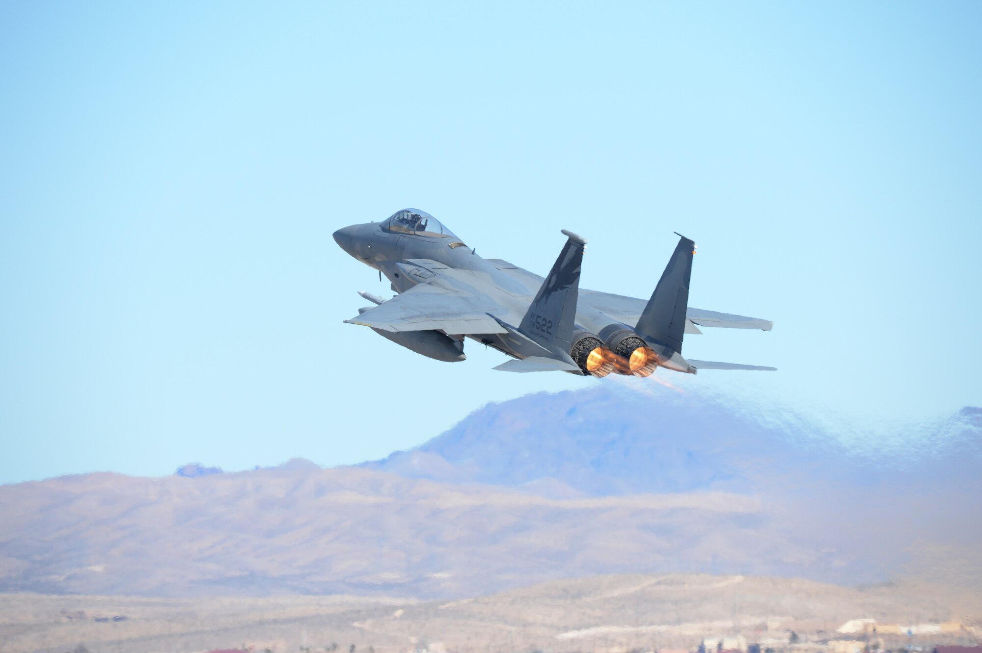 A U.S. Air Force F-15C Eagle assigned to the 144th Fighter Wing, Fresno Air National Guard Base, Calif., launches at Nellis Air Force Base, Nev. Feb. 4, 2016, as part of Red Flag 16-1. Red Flag is a realistic combat training exercise which involves air, space and cyber forces from the U.S. and its allies. (U.S. Air National Guard photo by Master Sgt. David J. Loeffler)