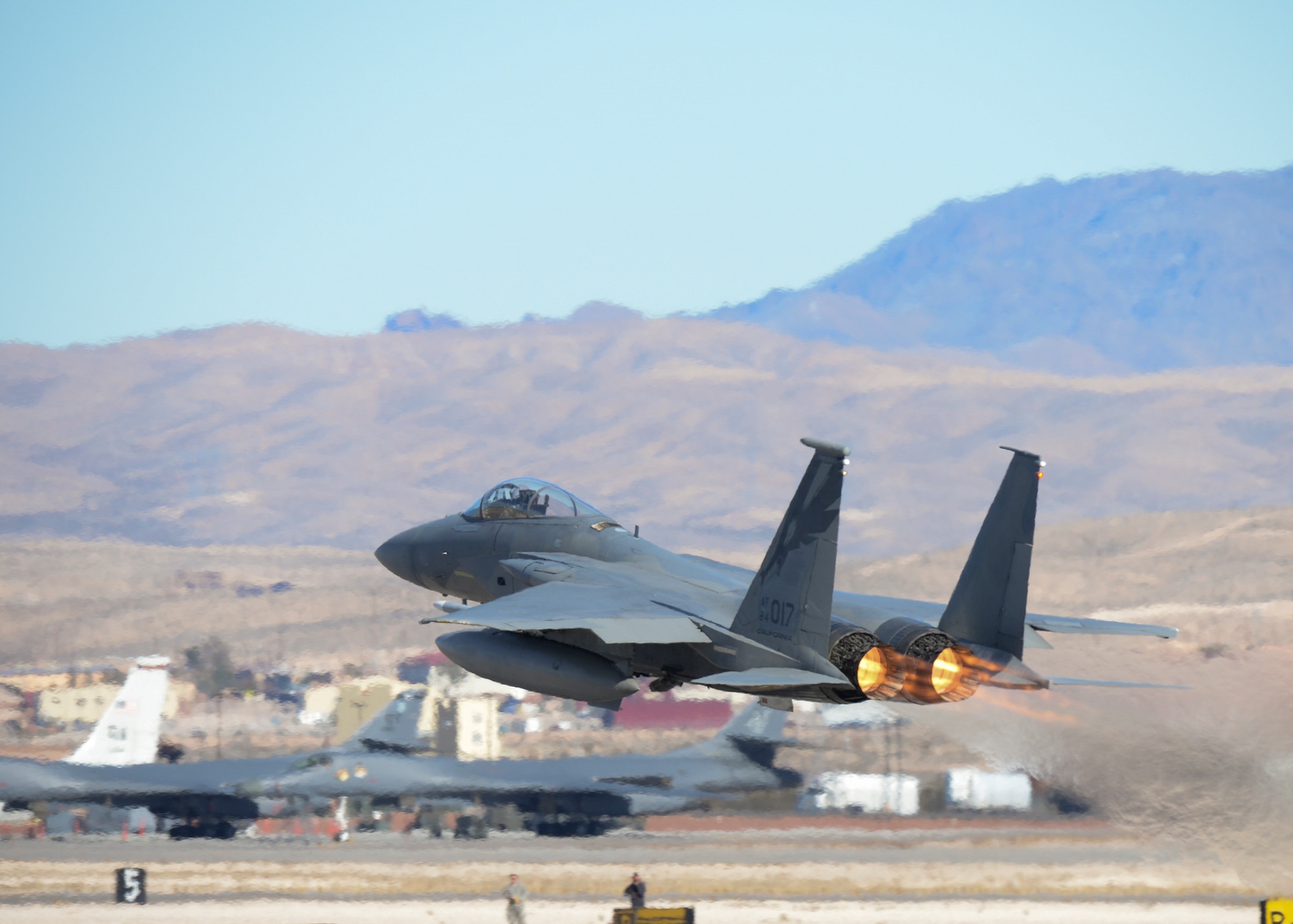 A U.S. Air Force F-15C Eagle assigned to the 144th Fighter Wing, Fresno Air National Guard Base, Calif., launches at Nellis Air Force Base, Nev. Feb. 4, 2016, as part of Red Flag 16-1. Red Flag is a realistic combat training exercise which involves air, space and cyber forces from the U.S. and its allies. (U.S. Air National Guard photo by Master Sgt. David J. Loeffler)