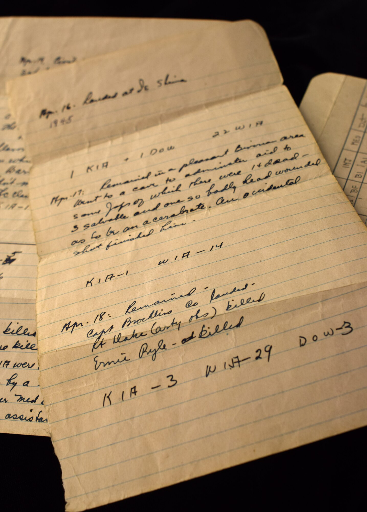 Scraps of notebook paper reveling combat activity on Ie Shima Island, now known as Iejima, in April of 1945 are donated to the 111th Attack Wing’s Historian Office on Jan. 21, 2016. Army World War II veteran, Louis Vitola salvaged the several ledger pages from a waste basket while staged on Cebu Island with the 77th Infantry Division, in September 1945. The written note identifies the death of famous war correspondent Ernie Pyle. (U.S. Air National Guard photo by Master Sgt. Chris Botzum)