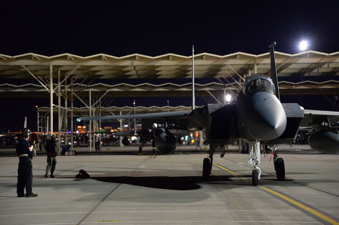 Members of 144th Fighter Wing participate in night operations at Nellis AFB  Feb.5, 2016, as part of Red Flag 16-1. Red Flag is a realistic combat training exercise which involves air, space and cyber forces from the U.S. and its allies. (U.S. Air National Guard photo by Master Sgt. David J. Loeffler).