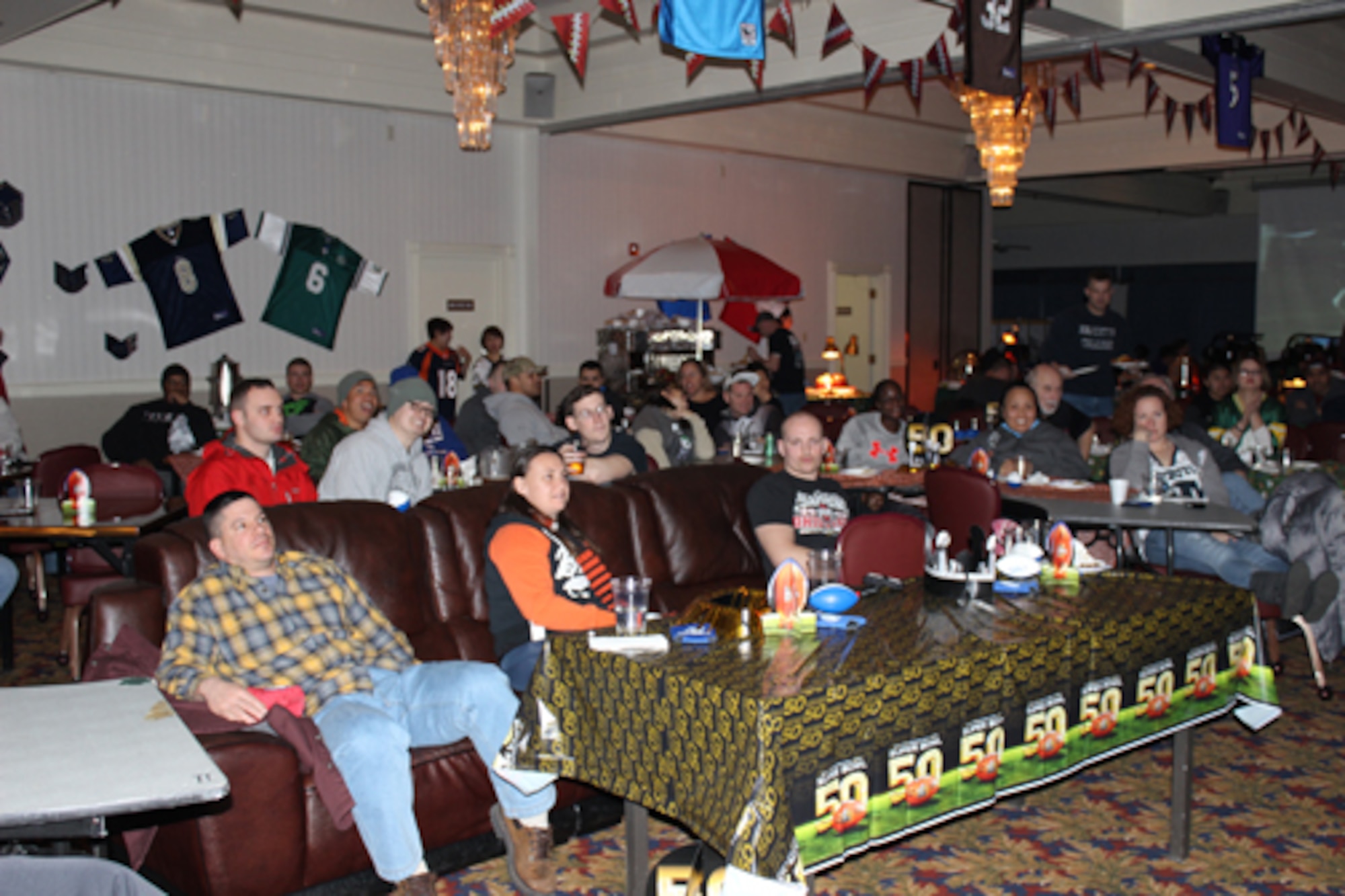 About 300 people filled Loring Club during Super Bowl Monday festivities Feb. 8 on Kunsan Air Base, Republic of Korea. The event aired on TV live Monday due to the time-zone difference between California and Korea. The celebration also featured free food, in conjunction with the end of last-week's exercise. (Photo courtesy of 8th Force Support Squadron/Released)
