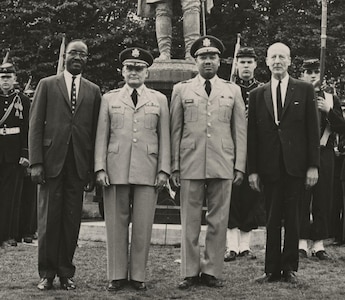 Col. Otho van Exel is photographed during a Civil War Centennial event on May 20, 1961, in Port Green, New York. Van Exel was the commander of the 187th Field Artillery Group, a descendant of the 14th New York National Guard Regiment which fought at the Battle of Bull Run. To Van Exel’s right is noted Civil War historian Bruce Catton, the chairman of New York’s Civil War Centennial Commission and to his left is Brig. Gen. Charles Stevenson, the adjutant general of New York at the time. 