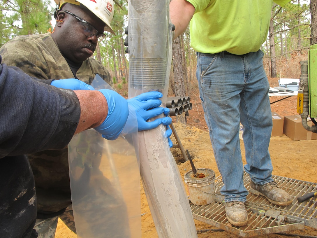 Lemon Moses, a drill rig assistant, bags soil samples during groundwater investigations near Fort Jackson, South Carolina Jan. 26. Soil was extracted using the TerraSonic drill rig—a piece of high-tech machinery that is the only one of its kind within USACE. The drill can be used to perform subsurface and geotechnical investigation projects on the toughest terrains throughout the nation.