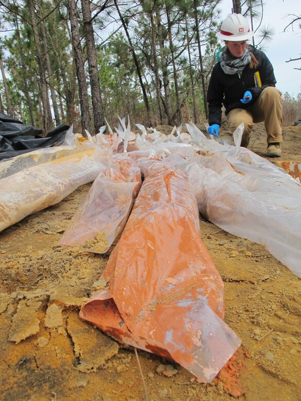 Soil samples extracted using the Savannah District’s TerraSonic drill rig during groundwater investigations near Fort Jackson, South Carolina Jan. 26. 