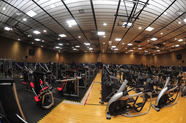 Shown is the temporary weight and cardio room inside the Bryant Fitness Center's basketball court Feb. 4, 2016 at Luke Air Force Base, Ariz. The fitness center received many upgrades including two hand bikes, two utility benches, nine Life Fitness treadmills, four PowerMill Stair steppers, six Versa climbers, eight Matrix benches, a Precor-cable crossover machine and more.