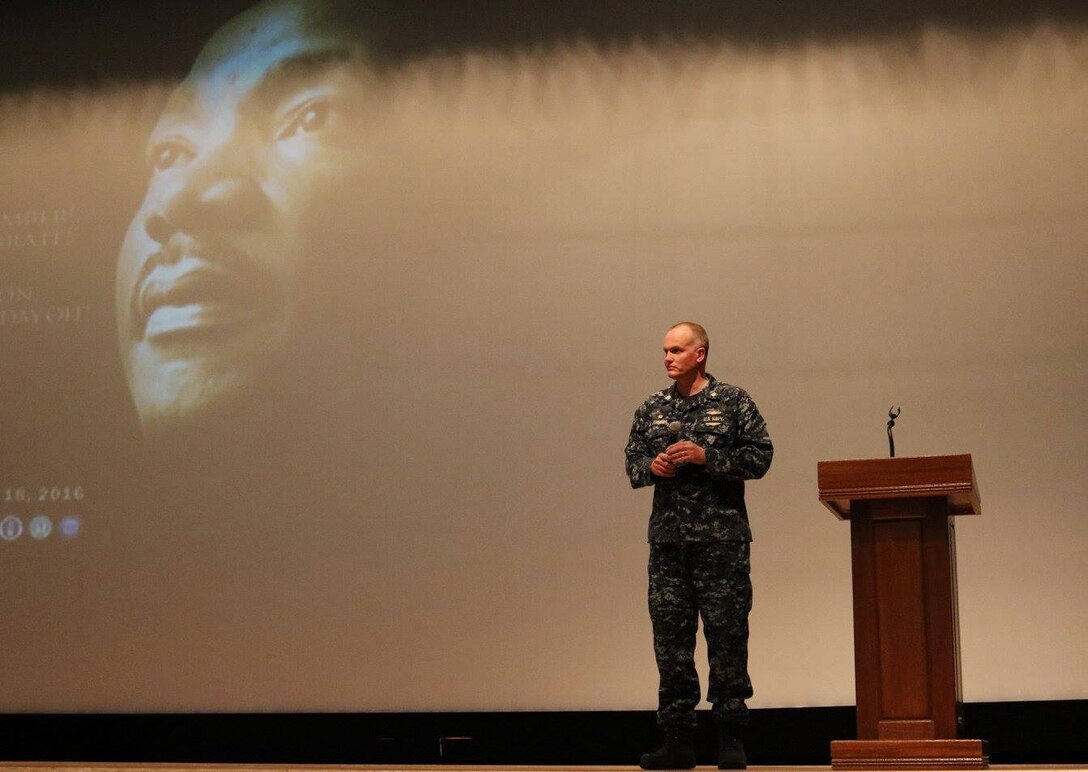 DLA Distribution Yokosuka, Japan, commander Navy Cmdr. Brian Johnson, addresses his workforce on the importance of the Diversity and Inclusion Team.