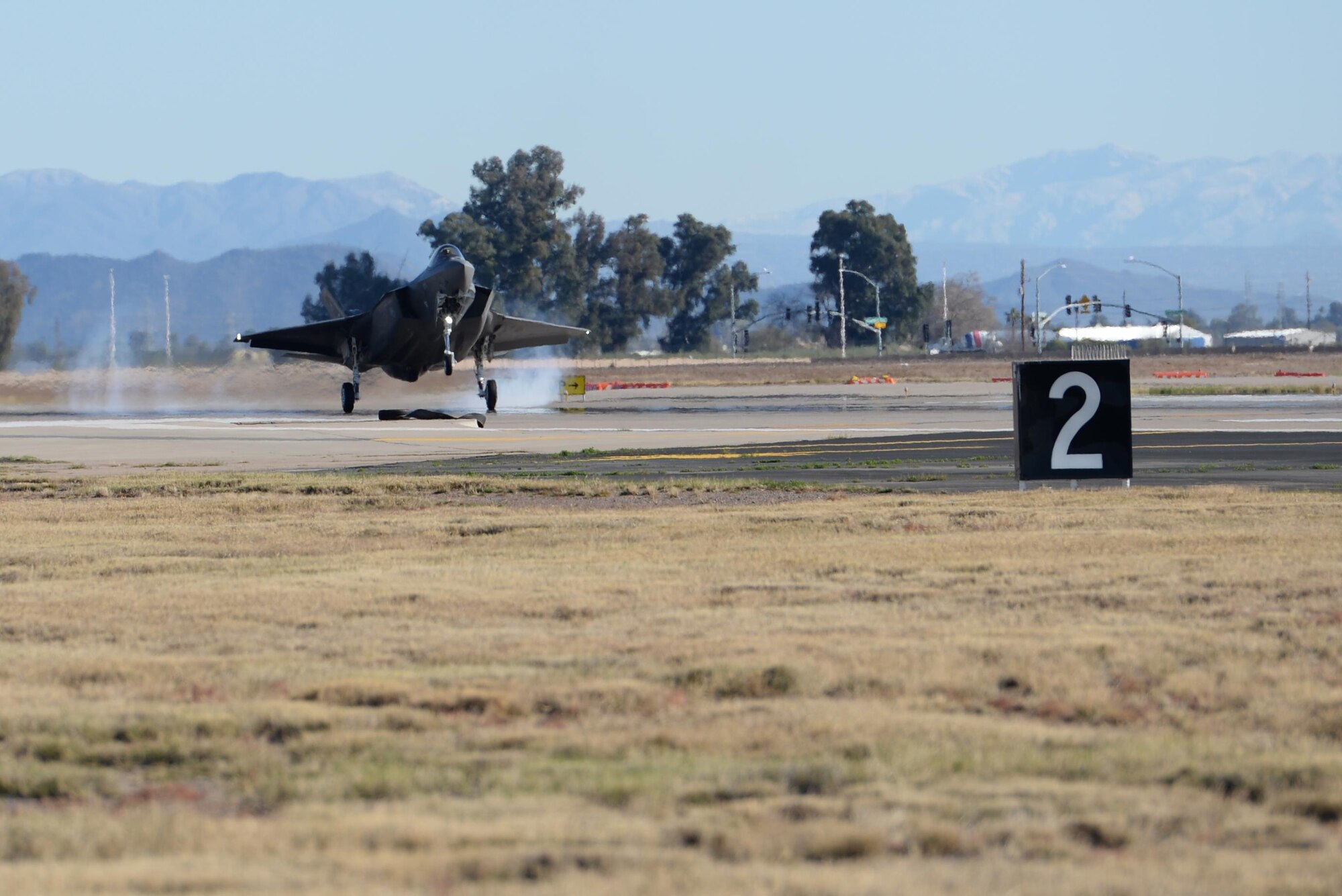 Lt. Col. Matthew Hayden, 56th Fighter Wing chief of safety and pilot attached to the 61st Fighter Squadron, lands after completing his 270th sortie in which he became the first Air Force pilot to reach 500 flight hours in the F-35, Feb. 2, 2016, at Luke Air Force Base. (U.S. Air Force photo by Airman 1st Class Ridge Shan)