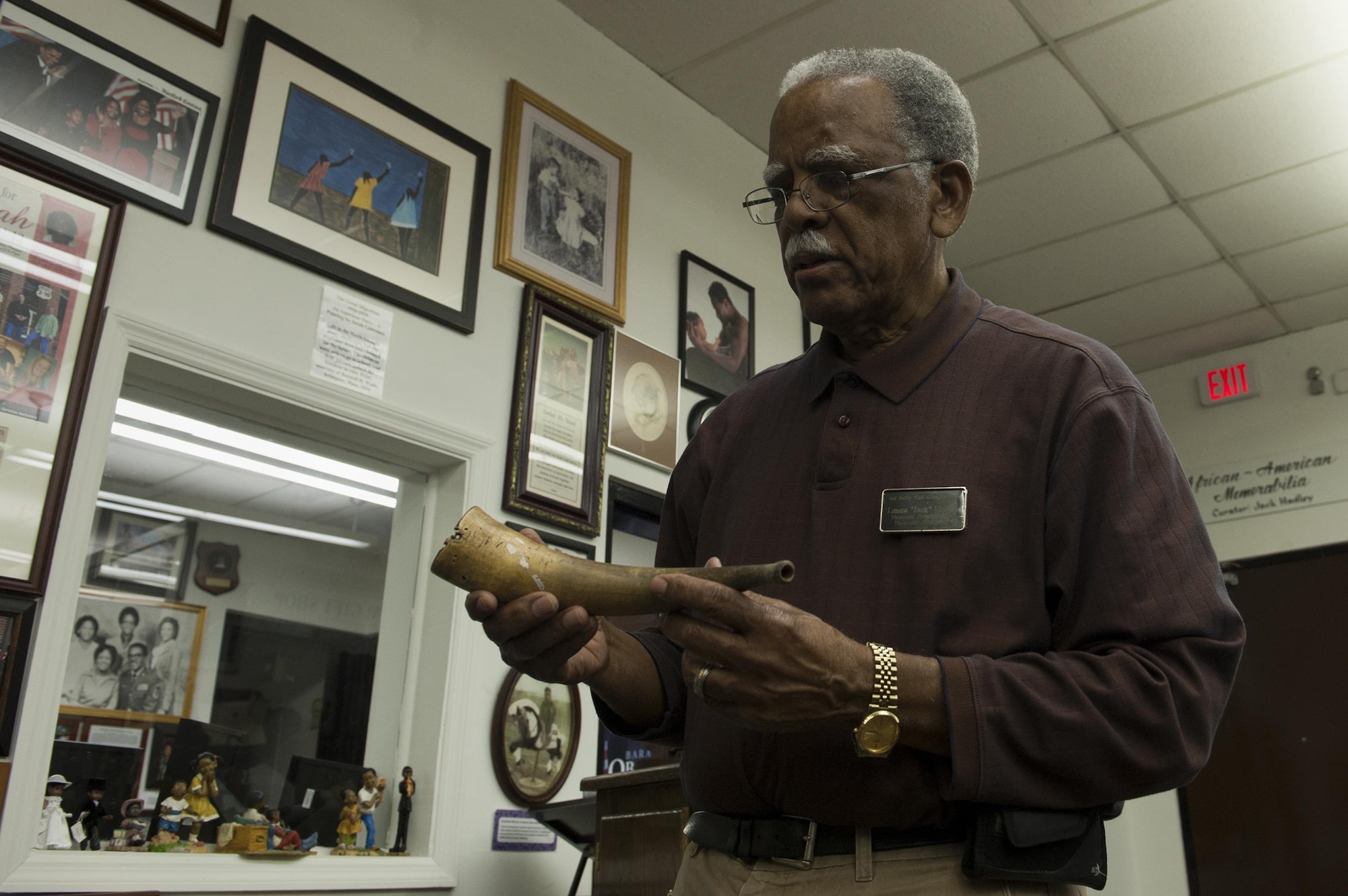 Retired Chief Master Sgt. James “Jack” Hadley, Black History Museum curator, holds a signal horn, Feb. 8, 2016, at the Jack Hadley Black History Museum in Thomasville, Ga. The horn is a Hadley family heirloom which has been passed down since approximately 1850. (U.S. Air Force photo/Airman 1st Class Kathleen D. Bryant)