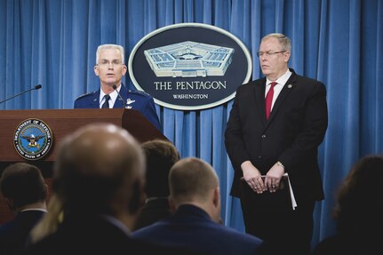 U.S. Air Force Gen. Paul J. Selva, vice chairman of the Joint Chiefs of Staff, joins Deputy Secretary of Defense Bob Work in the Pentagon Briefing Room for a briefing on the President's Fiscal Year 2017 Defense budget, Feb. 9, 2016.