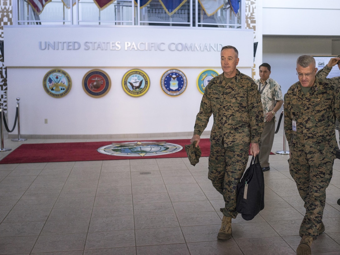 Marine Gen. Joseph F. Dunford Jr., chairman of the Joint Chiefs of Staff, departs the U.S. Pacific Command Headquarters on Camp H.M. Smith, Hawaii, Feb. 9, 2016. DoD Photo by Navy Petty Officer 2nd Class Dominique A. Pineiro