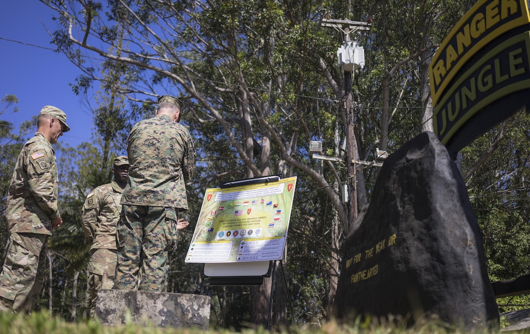 Marine Gen. Joseph F. Dunford Jr., chairman of the Joint Chiefs of Staff, receives a briefing on the capablities of the 25th Infantry Division's Tropic Lightning Academy and Jungle Operations Training Center on Schofield Barracks, Hawaii, Feb. 9, 2016. DoD Photo by Navy Petty Officer 2nd Class Dominique A. Pineiro