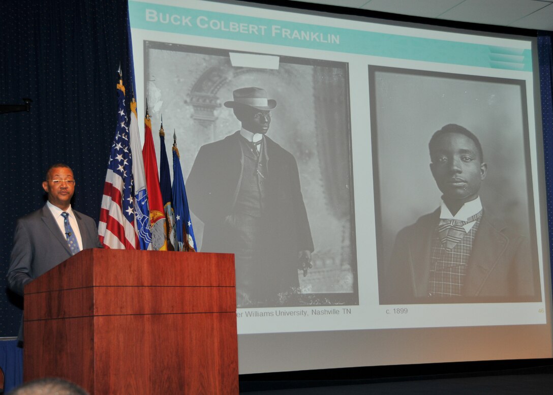 John W. Franklin of the National Museum of African American History and Culture delivers his presentation at the DLA McNamara Headquarters Complex for African American History Month. Photo by Teodora Mocanu.