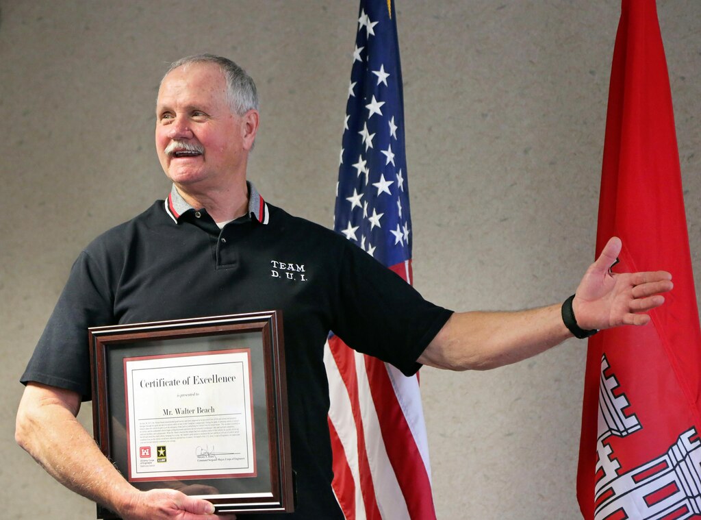 The U.S. Army Corps of Engineers (Corps) Baltimore District commander Col. Edward Chamberlayne and Corps Command Sgt. Major Antonio Jones honored Mr. Walter Beach, seasonal sewage and water plant operator, Tioga-Hammond & Cowanesque Lakes Project, for his heroic actions in preventing loss of life and property damage in a recognition ceremony in Tioga, Pennsylvania, February 8, 2016. 

Beach was praised for taking action in June 2015, when he observed a camper failed to place her vehicle in park while unlatching from her motor home in Tompkins Campground, sending the unattended vehicle on a backwards, downhill descend towards Cowanesque Lake and multiple campsites, restroom facilities, and a playground. Beach quickly drove up the hill and struck the small vehicle with his Army Corps service vehicle, safely bringing it to a stop.  Minimal damage occurred to either vehicle, and there were no bodily injuries. 
