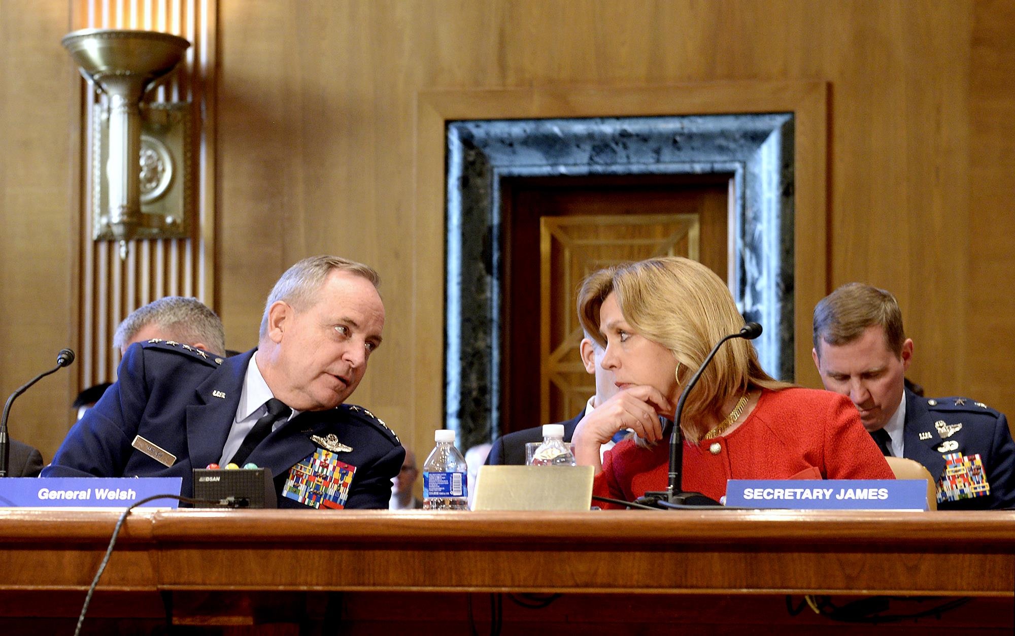 Air Force Secretary Deborah Lee James and Air Force Chief of Staff Gen. Mark A. Welsh III testify before the Senate Appropriations Committee on Defense in Washington, D.C., Feb. 10, 2016. The two leaders presented the fiscal year 2017 Air Force budget request. (U.S. Air Force photo/Scott M. Ash)