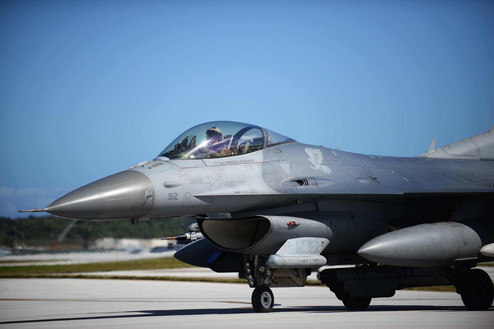 Capt. Philip Downing, a 13th Fighter Squadron pilot from Misawa Air Base, Japan, taxis an F-16 Fighting Falcon onto the runway Feb. 4, 2016, at Andersen Air Force Base, Guam.  Several F-16s from the 13th FS are deployed to Andersen AFB in support of Cope North 2016. Cope North is an annual event that focuses on humanitarian assistance and disaster relief and large force employment in an effort to enhance interoperability among forces from the U.S., Japan, Australia, South Korea, Philippines and New Zealand. (U.S. Air Force photo/Senior Airman Joshua Smoot)