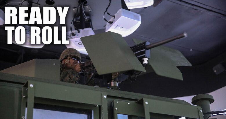 Lance Cpl. Samuel T. Mahaffey, a motor vehicle operator with 8th Engineer Support Battalion, fires a practice M2 .50-caliber machine gun during a convoy operations training simulation at Camp Lejeune, N.C., Feb. 9, 2016. During the simulation, Marines drove through a desert environment, while challenged by an opposing force along the way. (U.S. Marine Corps photo illustration by Cpl. Paul S. Martinez/Released)