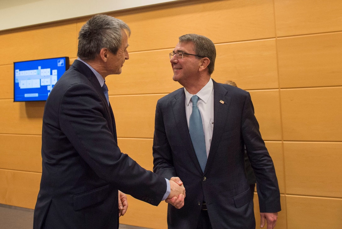 Defense Secretary Ash Carter greets Czech Defense Minister Martin Stropnicky before meeting to discuss matters of mutual importance at NATO headquarters in Brussels, Feb. 10, 2016. DoD photo by Air Force Senior Master Sgt. Adrian Cadiz