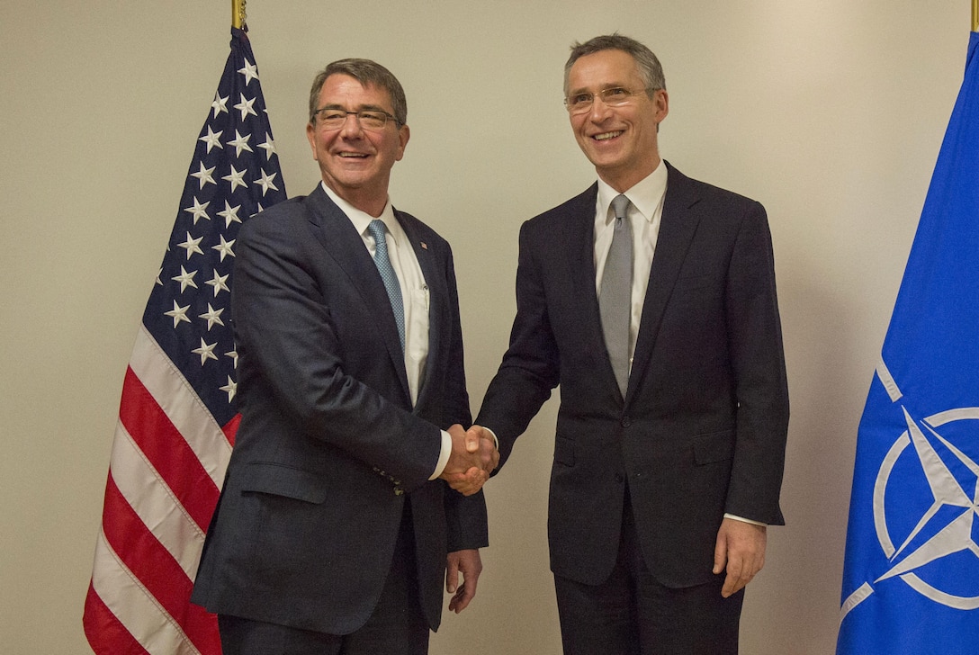 Defense Secretary Ash Carter exchanges greetings with NATO Secretary General Jens Stoltenberg at NATO headquarters in Brussels, Feb. 10, 2016. DoD photo by Air Force Senior Master Sgt. Adrian Cadiz