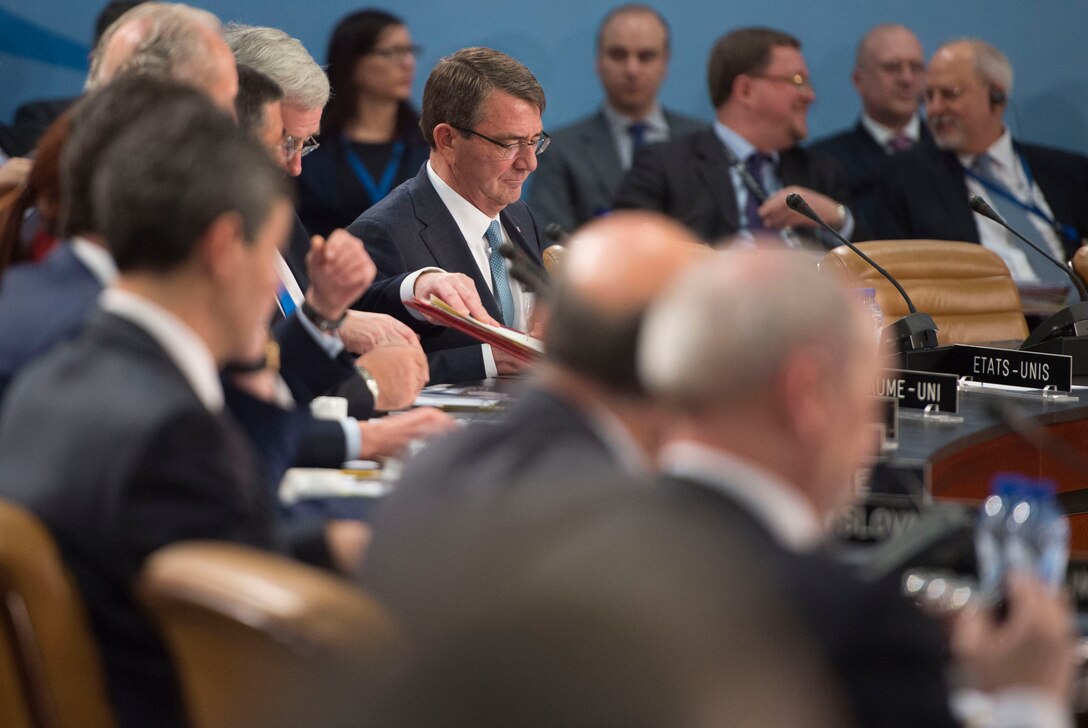 Defense Secretary Ash Carter attends a NATO defense ministers meeting at the alliance's headquarters in Brussels, Feb. 10, 2016. DoD photo by Air Force Senior Master Sgt. Adrian Cadiz
