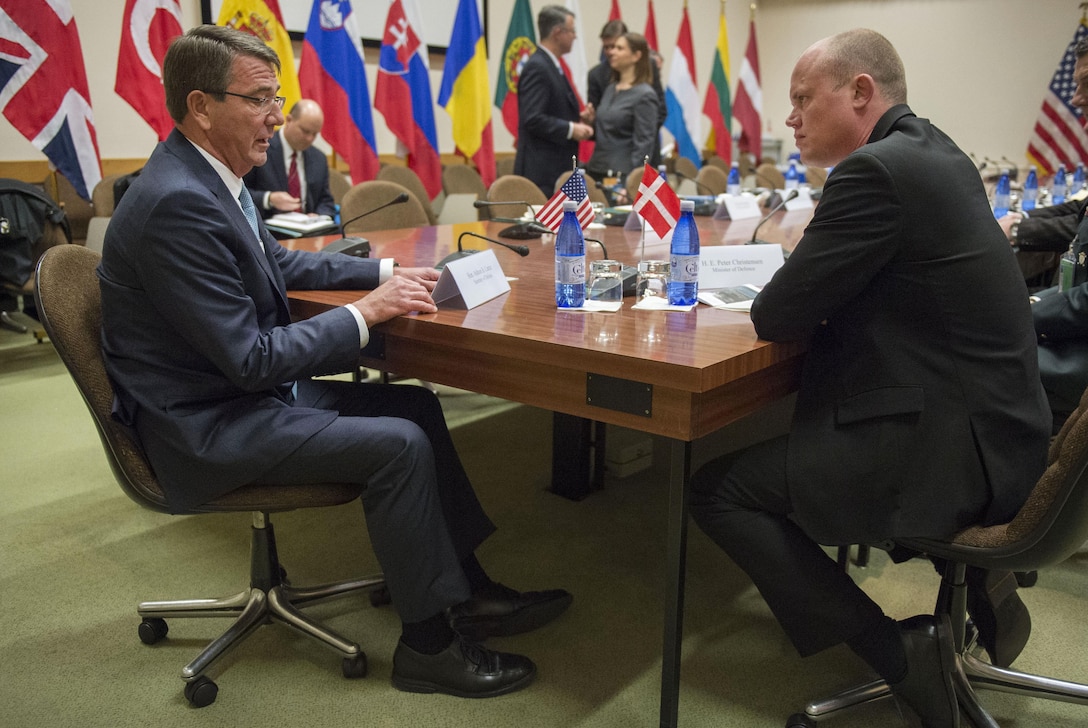 Defense Secretary Ash Carter meets with Danish Defense Minister Peter Christensen at NATO headquarters in Brussels, Feb. 10, 2016. DoD photo by Air Force Senior Master Sgt. Adrian Cadiz
