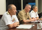 CAMP H.M. SMITH, Hawaii (Feb. 10, 2016) Chairman, Joint Chiefs of Staff, Gen. Joseph F. Dunford, center, hosted a trilateral meeting with Chief of Staff of the Japanese Self-Defense Force, Adm. Katsutoshi Kawano, left, Commander, U.S. Pacific Command (PACOM), Adm. Harry B. Harris and Chairman of the Republic of Korea Joint Chiefs of Staff, Gen. Sun-Jin Lee, via video teleconference at PACOM headquarters. During the meeting the senior leaders discussed trilateral information sharing and collaboration to enhance peace and stability in the Indo-Asia-Pacific region. (U.S. Navy photo by Mass Communication Specialist 1st Class Jay M. Chu/Released)