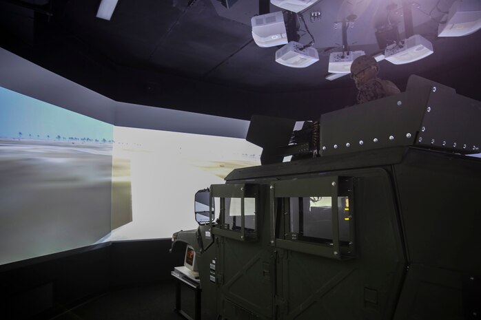 Motor vehicle operators with 8th Engineer Support Battalion undergo a convoy operations training simulation at Camp Lejeune, N.C., Feb. 9, 2016. During the simulation, Marines drove through a desert environment, while challenged by an opposing force along the way. (U.S. Marine Corps photo by Cpl. Paul S. Martinez/Released)