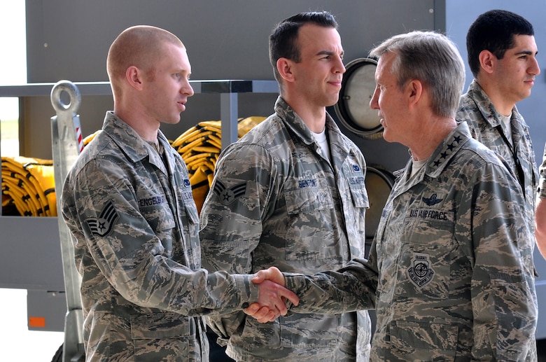 Gen. Hawk Carlisle, commander of Air Combat Command, greets Airmen from the 9th Maintenance Squadron Feb. 9, 2016, during his visit to Beale Air Force Base, Calif. Carlisle visited Beale to receive a first-hand perspective of high-altitude intelligence, surveillance and reconnaissance missions.  (U.S. Air Force photo by Staff Sgt. Jeffrey Schultze) 