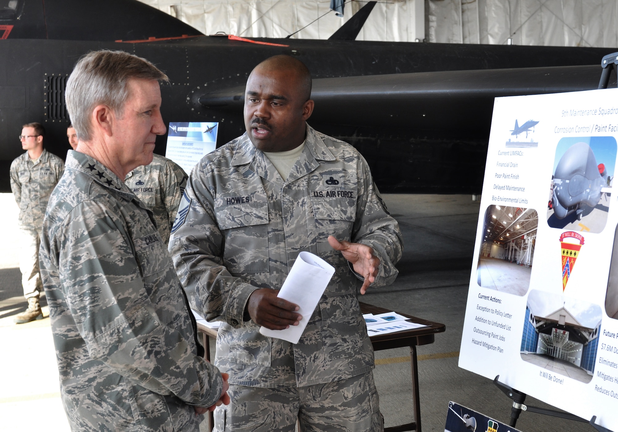 Gen. Hawk Carlisle, commander of Air Combat Command, is briefed on the U-2 Dragon Lady aircraft by Master. Sgt. Bandele Howes, 9th Maintenance Squadron assistant fabrication flight chief Feb. 9, 2016, during his visit to Beale Air Force Base, Calif. Carlisle toured many facilities and visited with Airmen of the 9th Reconnaissance Wing with a focus on the intelligence, surveillance and reconnaissance enterprise. (U.S. Air Force photo by Staff Sgt. Jeffrey Schultze)