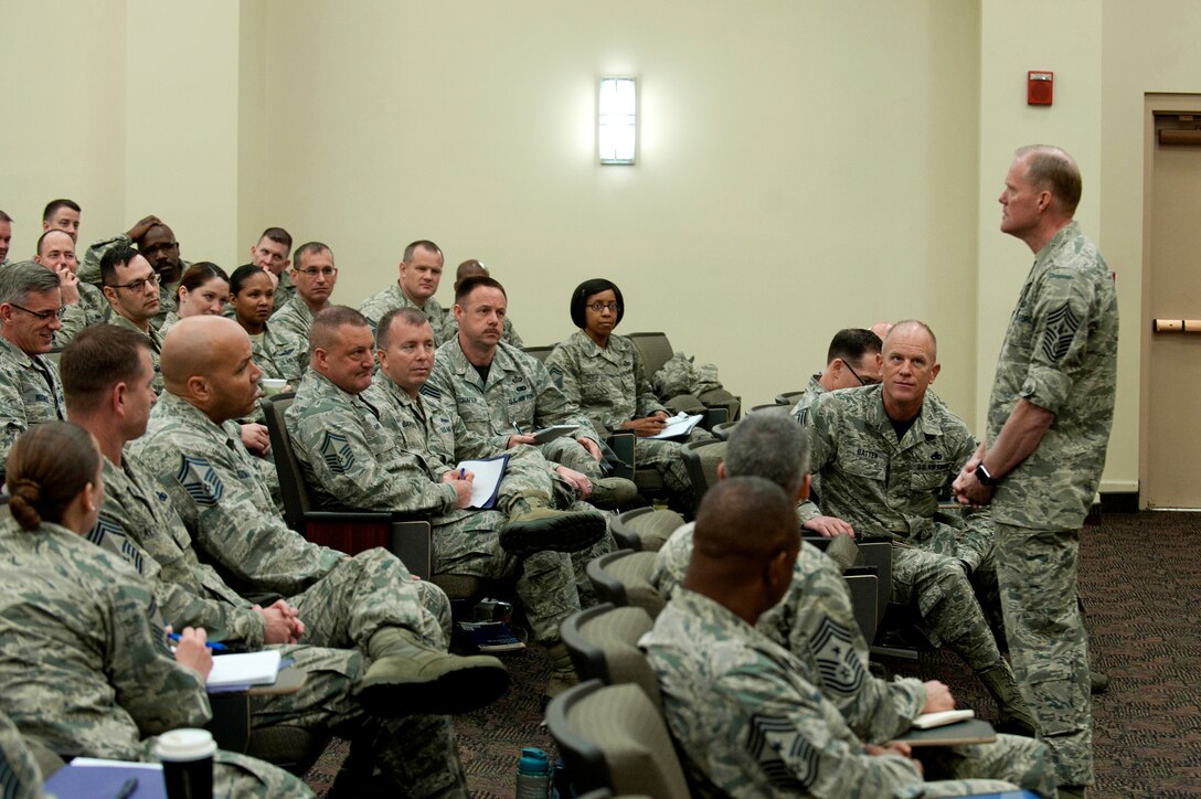 Chief Master Sgt. of the Air Force James Cody answers questions for chief master sergeant selects during the Air Combat Command Chief Orientation Course at Langley Air Force Base, Va., Feb. 5, 2016. The course is the capstone enlisted professional military educations and provides new top enlisted leaders with an operational level perspective of the Air Force and its mission. (U.S. Air Force Photo by Senior Airman R. Alex Durbin/Released)