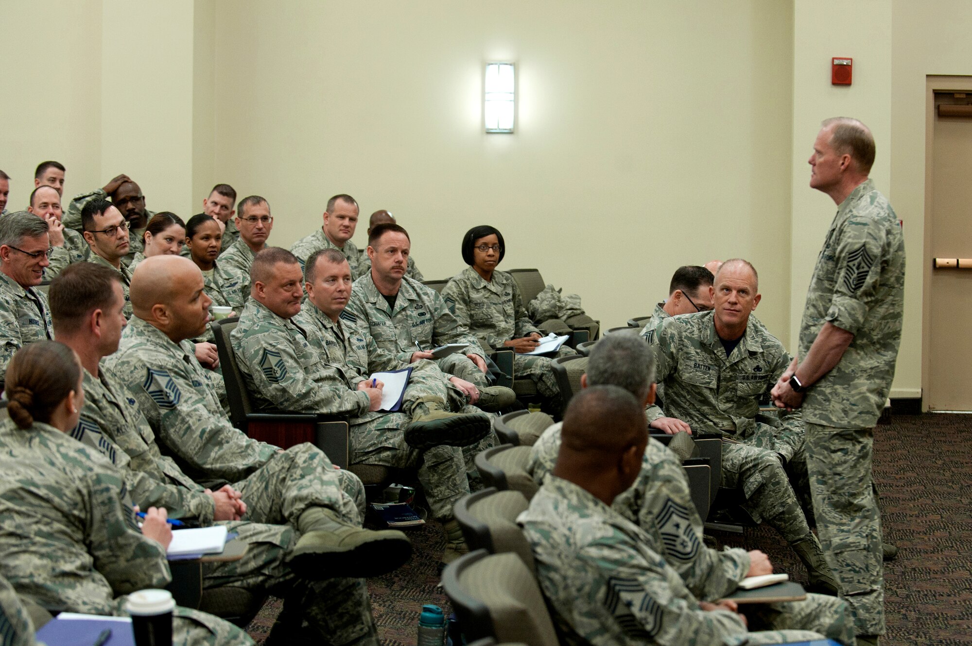 Chief Master Sgt. of the Air Force James Cody answers questions for chief master sergeant selects during the Air Combat Command Chief Orientation Course at Langley Air Force Base, Va., Feb. 5, 2016. The course is the capstone enlisted professional military educations and provides new top enlisted leaders with an operational level perspective of the Air Force and its mission. (U.S. Air Force Photo by Senior Airman R. Alex Durbin/Released)