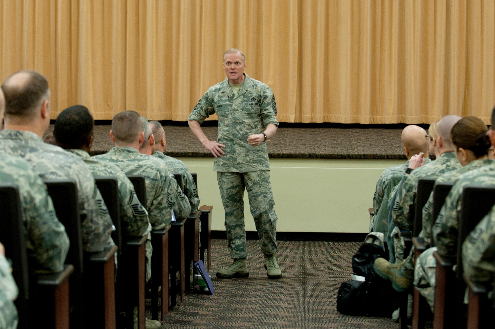 Chief master sergeant selects listen to Chief Master Sgt. of the Air Force James Cody during the Air Combat Command Chief Orientation Course at Langley Air Force Base, Va., Feb. 5, 2016. The 5-day course aims to provides new chief master sergeants with foundational, strategic-level leadership knowledge (U.S. Air Force Photo by Senior Airman R. Alex Durbin/Released)