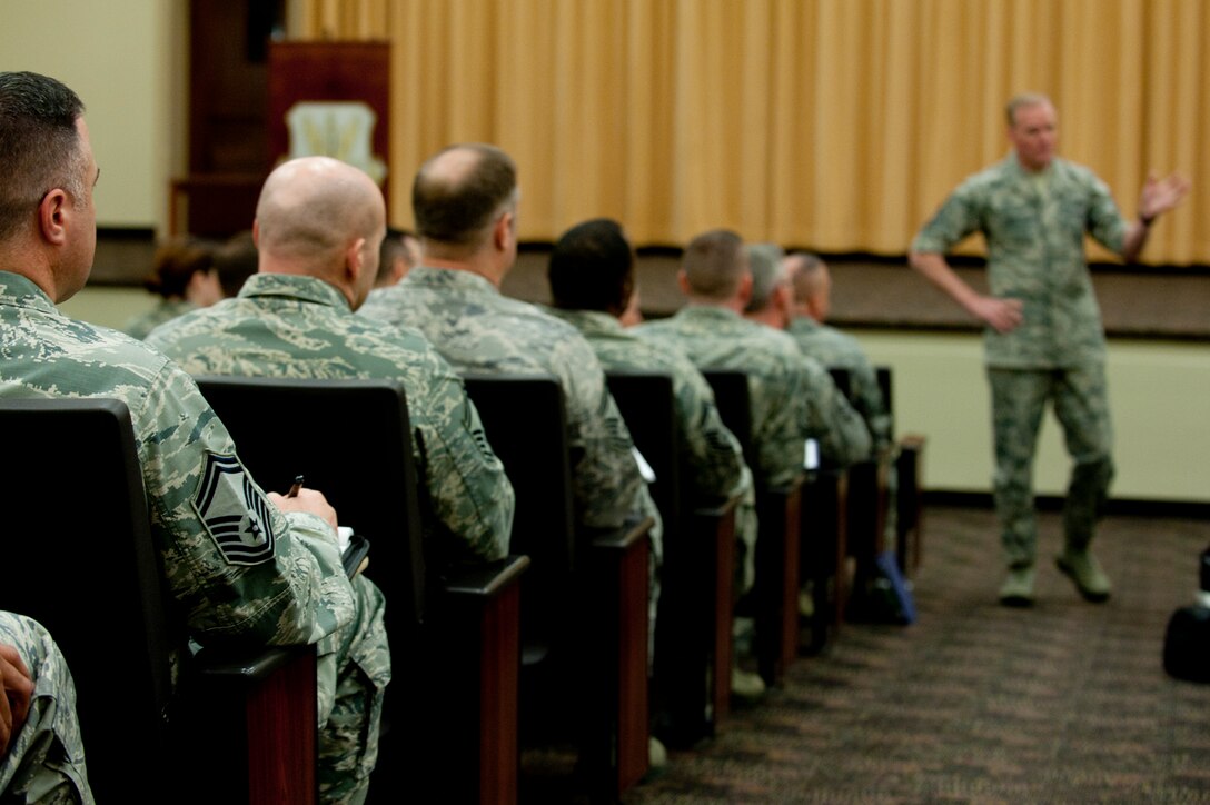Chief Master Sgt. of the Air Force James Cody shares leadership advice with chief master sergeant selects during the Air Combat Command Chief Orientation Course at Langley Air Force Base, Va., Feb. 5, 2016. The 70-hour-long course covers three broad domains of learning; chief master sergeant development, the expeditionary chief and the senior enlisted leader. (U.S. Air Force Photo by Senior Airman R. Alex Durbin/Released)