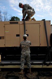 U.S. Army Soldiers from the 833rd Transportation Battalion prepare to move a generator during a command post exercise at Fort Eustis, Va., Feb. 9, 2016. The purpose of the mission was to refine the battalion’s and the Navy Cargo Handling Battalion’s seaports of debarkation specific battle drills when in a deployed location. (U.S. Air Force photo by Airman 1st Class Breonna Veal) 