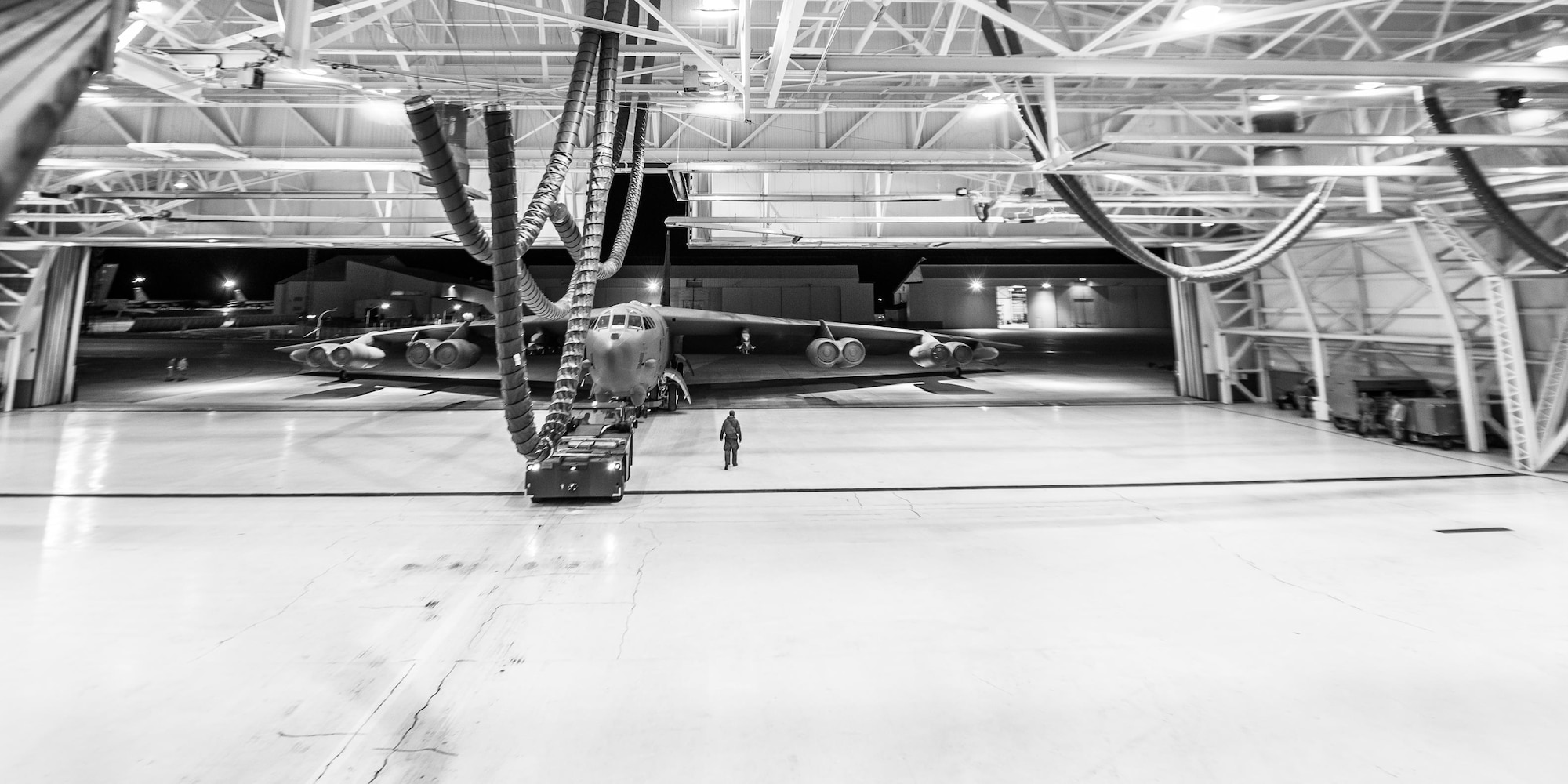 A B-52H Stratofortress is backed out of Dock 1 during Exercise Combat Hammer at Minot Air Force Base, N.D., Feb. 9, 2016.  According to exercise officials, the objective of this exercise was to evaluate the reliability and efficiency of existing combat weapons systems while also assessing the Air Force’s air-to-ground munitions program. (U.S. Air Force photo/Airman 1st Class J.T. Armstrong)