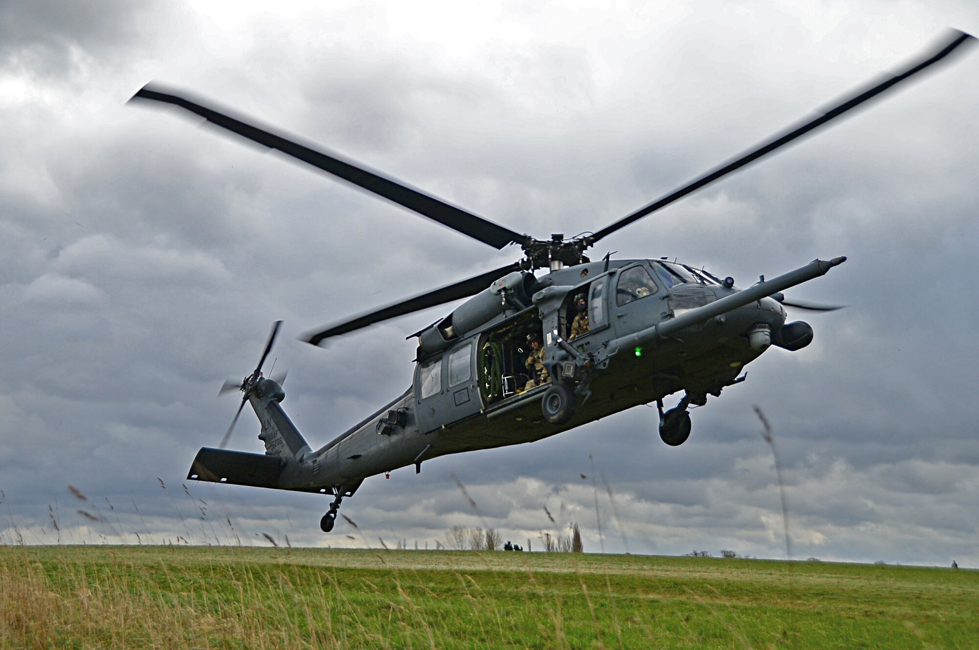 An HH-60G Pave Hawk assigned to the 56th Rescue Squadron prepares to land during a combat search and rescue task force training exercise near Hinderclay, England, Feb. 4, 2016. The training focused on rescue techniques and involved various squadrons and personnel assigned to the 48th Fighter Wing and 100th Air Refueling Wing. (U.S Air Force photo/Senior Airman Erin Trower) 
